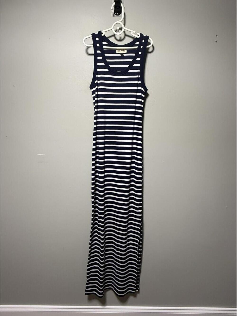 Striped Maxi Tank Dress Navy Blue White Scoop Neck M Coastal Beach